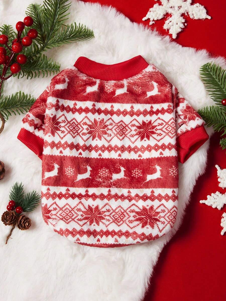 PETSIN 1 Pc Pet Christmas Cat Dog Universal Red Snowflake Fair Isle Pattern Pattern Printed Plush Warm And Comfortable Dog Christmas - Multicolor - View 1
