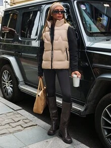 EURMUSE Áo khoác mùa đông cho nữ cổ đứng kẻ caro có khóa kéo có đệm cách nhiệt bằng chất liệu tổng hợp Polyfill cách nhiệt Áo khoác mùa đông Áo vest thu đông - Kem - Xem 3