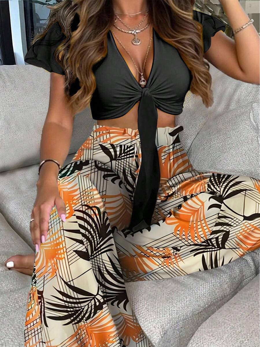 Breezaya Summer Vacation Solid Color Bandeau Cropped Top + Botanical Print Long Pants Two-Piece Set