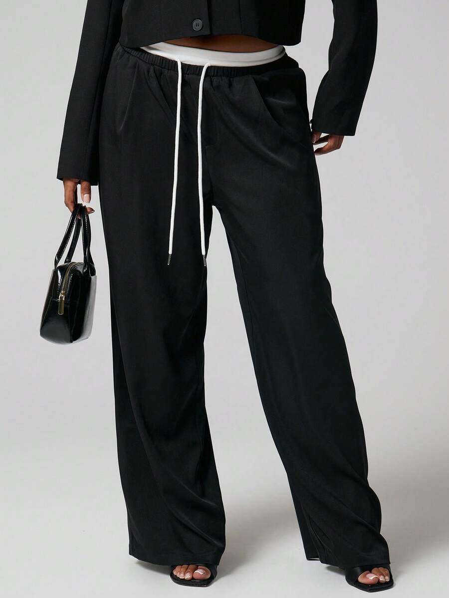 MUSERA Plus Straight Leg Contrast Tie Waistband Trouser Everyday Casual Spring - Multicolor - View 1