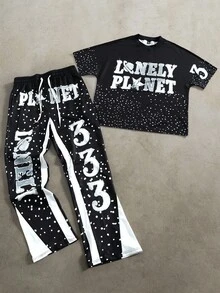 Manfinity EMRG Men's Letter Print Round Neck Short Sleeve T-Shirt And Drawstring Waist Flared Pants Casual Suit