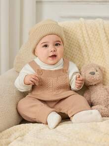 Cozy Pixies Newborn Baby Girl/Boy Striped Contrast Color Cable Pattern Jumpsuit With Suspenders, Comfortable And Soft Romper Baby Set Autumn Winter Season Neutral Baby Clothes Baby Knitwear Brown Baby Clothes Mocha Baby Clothes Fall - Khaki - View 4