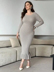 Modelyn Vestido de Malha Elegante Plus Size para Mulheres com Decoração de Pérolas Falsas, Gola Redonda, Manga Longa, Bainha Franzida, Outono - Cinza - Visão 3
