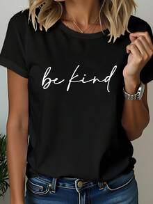 Chiquease 女款“Be Kind”标语印花简约短袖T恤图案T恤女款上衣 - 黑色 - 查看 1