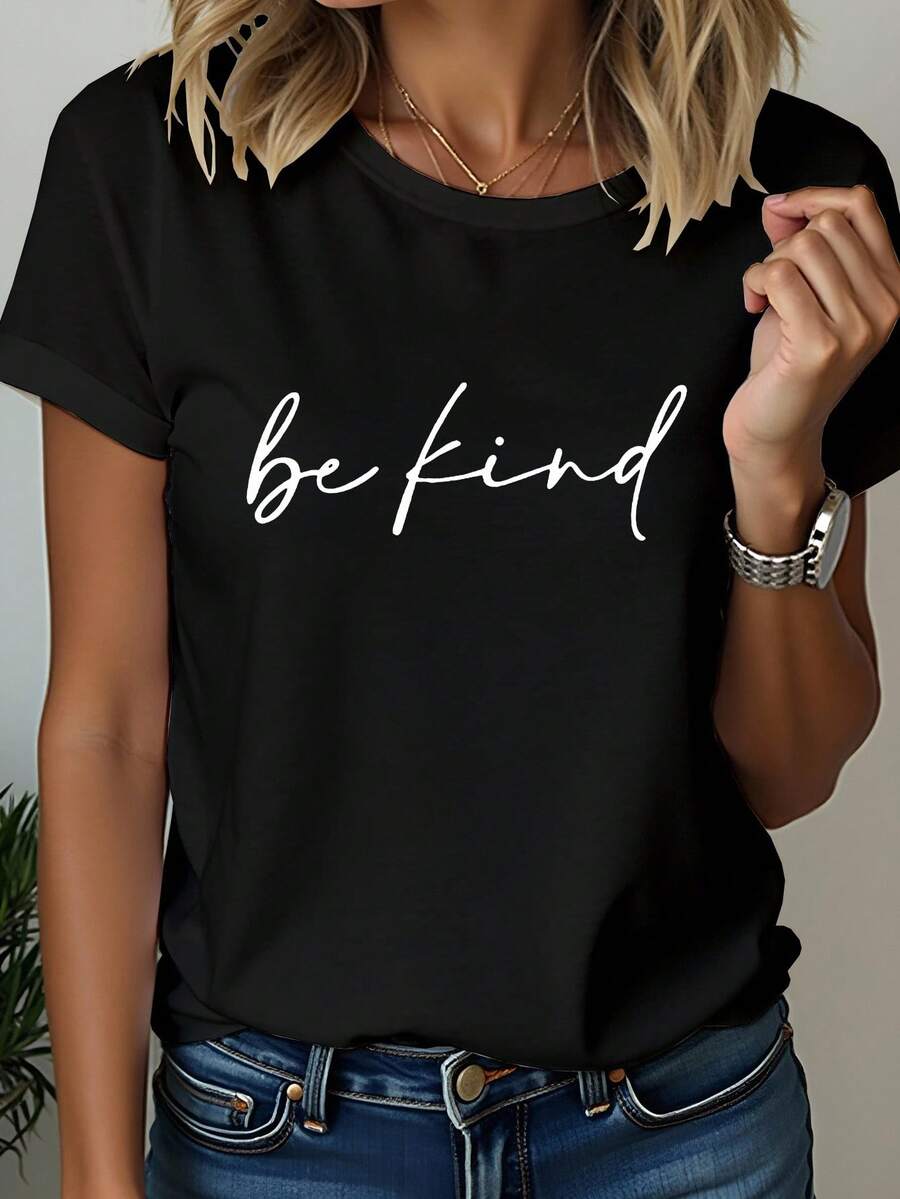 Chiquease 女款“Be Kind”标语印花简约短袖T恤图案T恤女款上衣 - 黑色 - 查看 1
