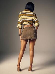 Denimoi 毛边下摆斜口袋休闲迷你牛仔裙 - 棕色 - 查看 5