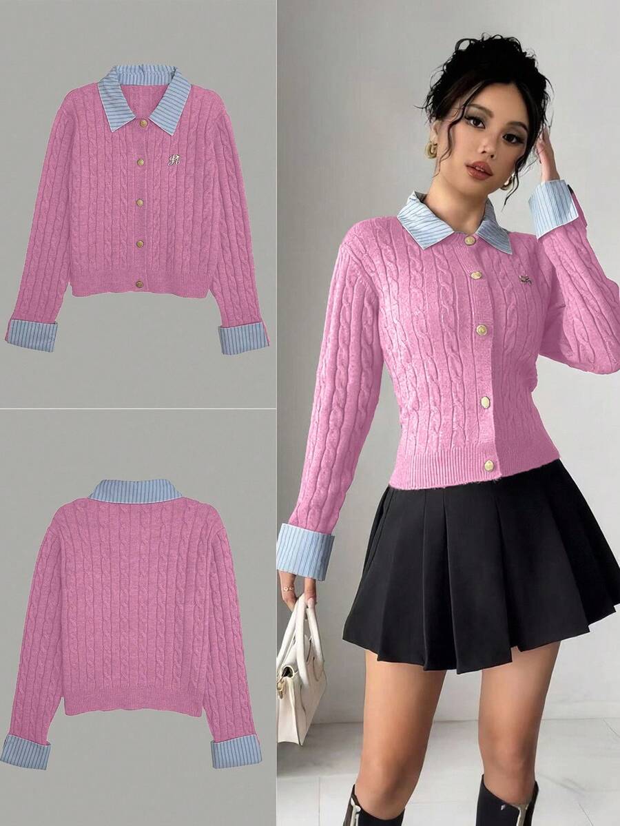 Zielony Fashionable Blogger-Inspired 2 In 1 Patchwork Knit Cropped Cardigan, European And American Style Pastel Retro Preppy 90s Aesthetic Cardigan - Pink - View 1