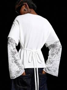 LYSMO 2025 New Arrival Minimalist Fall-Winter Women's Loose Fit Round Neck Drop Shoulder Contrast Lace T-Shirt, Fresh And Elegant, French Romantic, Graceful Temperament, Casual And Versatile, Youthful, Delicately Feminine, Perfect For Daily Commuting Lace Jersey Lace Shirts Sleeve Top Bell Sleeves Underscrub Long Sleeve,White Shirt,White Top - White - View 2