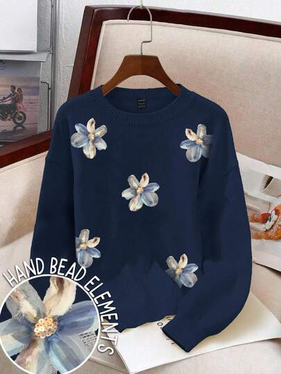 Resyla Suéter casual de cuello redondo de manga larga con estampado floral para mujer, otoño/invierno