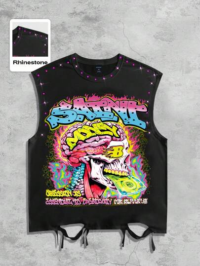 Street Life Camiseta de tirantes con diseño de calavera de strass, ropa de verano para hombres