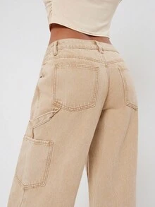 NYA SZN Washed Wide Leg Utility Cargo Jeans With Pockets & Hammer Loop Street Style Fall Denim Back To School Uniform Statement Festival Kings Day - Apricot - View 3