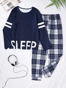 Teenage Boys' Navy Blue Plaid English Element Combination Long Sleeve Top And Pants, Minimalist Stylish Outfit, Suitable For Casual Home Wear, Highlighting Teenagers' Sunny And Leisure Characteristics Fall Winter - Navy Blue - View 1