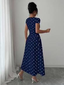 Elenzga Women's Elegant Polka Dot Print Ruched Waist Square Neck Short Sleeve Maxi Dress - Navy Blue - View 2
