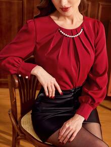 Vintamour Vintage Elegant Women Pearl Chain Pleated Long Sleeve Blouse Work Vacation Party Cocktail For Women For Women For Women For Women Christmas Women Christmas Women's Elegant Blouses For Women Burgundy New Year Valentine Spring - Red - View 2