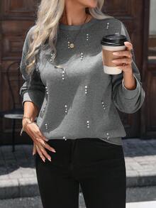 SHEIN LUNE Women's Solid Color Round Neck Drop Shoulder Long Sleeve Loose Sweatshirt With Faux Pearl Decor - Dark Grey - View 6