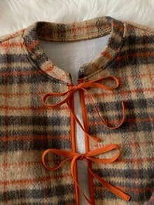 Comfortcana Winter  Halloween Plaid Casual Short Tie-Front Long Sleeve Women Wool Blend Overcoat In Fall/Winter Brown Plaid Overcoat , Christmas - Brown - View 7