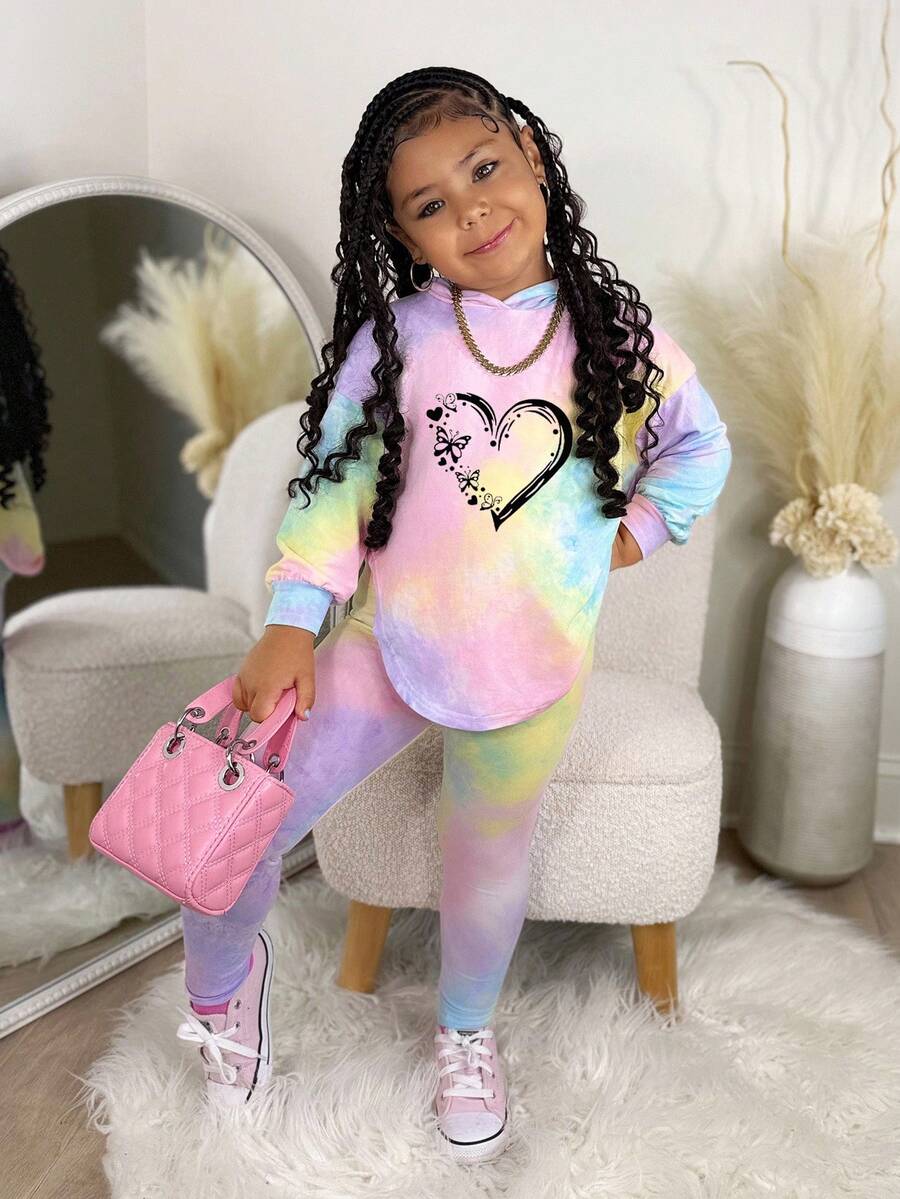 SHEIN Bộ 2 món/Bộ áo hoodie trễ vai phối viền bất đối xứng nhuộm loang màu cho bé gái và quần bó, trang phục thường ngày thoải mái khi đi học và mặc hàng ngày, phù hợp cho mùa thu/đông, phong cách đường phố, Bộ đồ 2 món Y2K cho bé gái Bộ đồ thoải mái cho bé gái Bộ đồ 2 món tay dài cho bé gái Bộ đồ 2 món khi trở lại trường - Nhiều màu - Xem 1