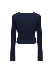 DAZY 秋/春季撞色蕾丝边蝴蝶结袖口修身长袖女式T恤 Y2K可爱上衣 - 藏蓝色 - 查看 5