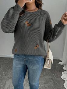 SHEIN Clasi 女士纯色针织蝴蝶结刺绣花朵长袖常规优雅套头毛衣，秋冬毛衣搭配蝴蝶结蝴蝶结毛衣优雅毛衣 - 灰色 - 查看 5