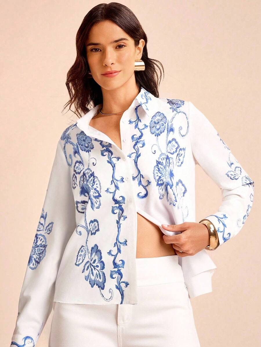 CAJUNI Áo sơ mi nữ họa tiết hoa thanh lịch thường ngày - Nhiều màu - Xem 1