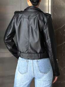 EURMUSE Zip Up Belted PU Leather Moto Jacket - Black - View 8