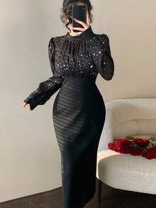 DAZY Đầm casual dáng ôm eo, họa tiết chấm bi thanh lịch, phối lưới, thích hợp cho đám cưới, tiệc tùng, dạ hội, tay dài, dài ngang gối, trang phục mùa xuân/hè/thu đính sequin, đầm lấp lánh cho lễ hội năm mới dành cho nữ. - màu đen - Xem 1