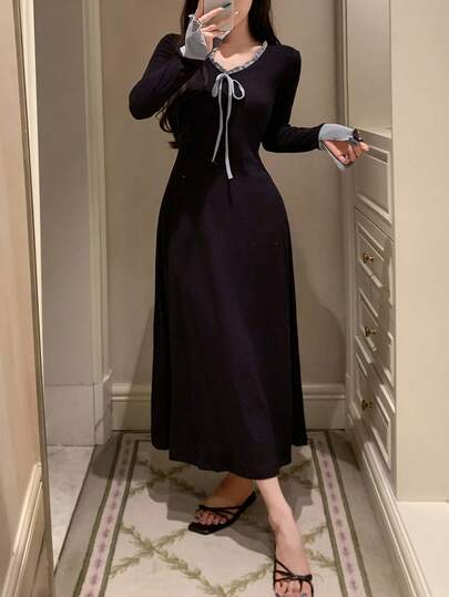 DAZY 女士撞色拼接睡裙，蝴蝶结装饰，开衩袖口，秋冬季保暖睡衣