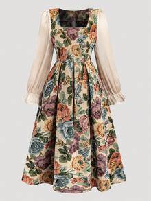 Velvienne Đầm xòe tay lỡ cổ vuông họa tiết hoa cổ điển cỡ lớn thanh lịch - Màu be - Xem 5