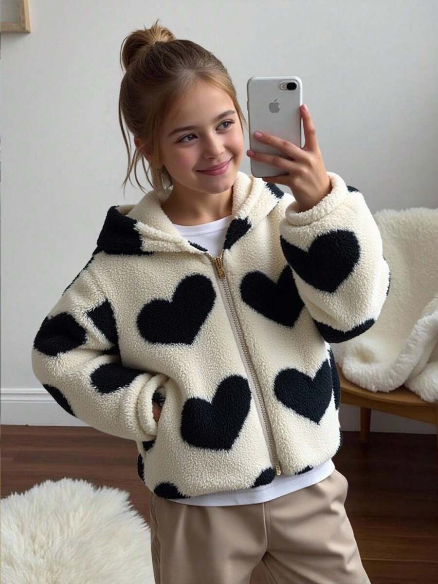 SHEIN 兒童青少年女孩寬鬆休閒毛絨愛心拉鍊長袖連帽雙面抓絨冬季外套 卡其色 適合外出與上學 - 卡其色 - 查看 1