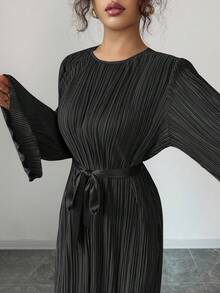 Selianne Robe midi élégante pour femme de taille standard avec manches évasées, design de ceinture plissée à la taille - Noir - Voir 6