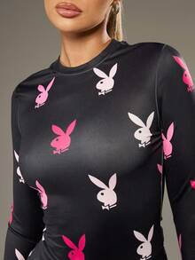 Missguided x Playboy Bunny Print Long Sleeve Top Holiday Party Loungewear Winter Gift Fashion Lounge Pullover All Over Pattern Multi Color Design Alluring - Black - View 6