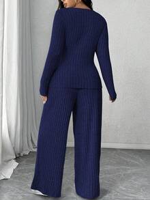 Calvaya Plus Size Soft Knit Ribbed Fabric Criss-Cross Long Sleeve T-Shirt + Soft Ribbed Wide Leg Pants Casual Homewear 2 Pieces Set - Navy Blue - View 2