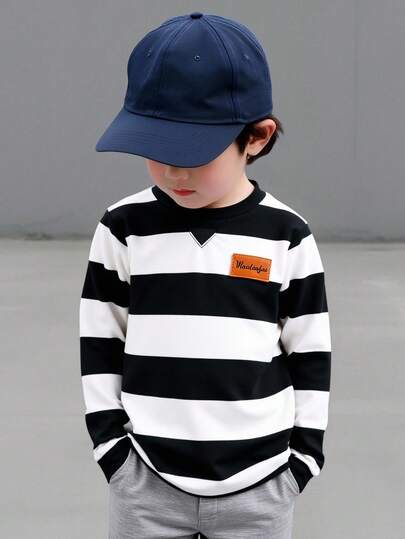 Camiseta de manga larga con cuello redondo a rayas negras y blancas, estilo universitario para niños pequeños, conjunto a juego con forro polar grueso adecuado para el invierno
