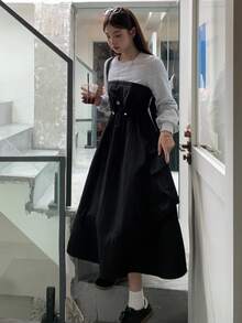 DAZY Women's Round Neck Long Sleeve 2 In 1 Waist Cinched Long Casual Street Dress - Black - View 1