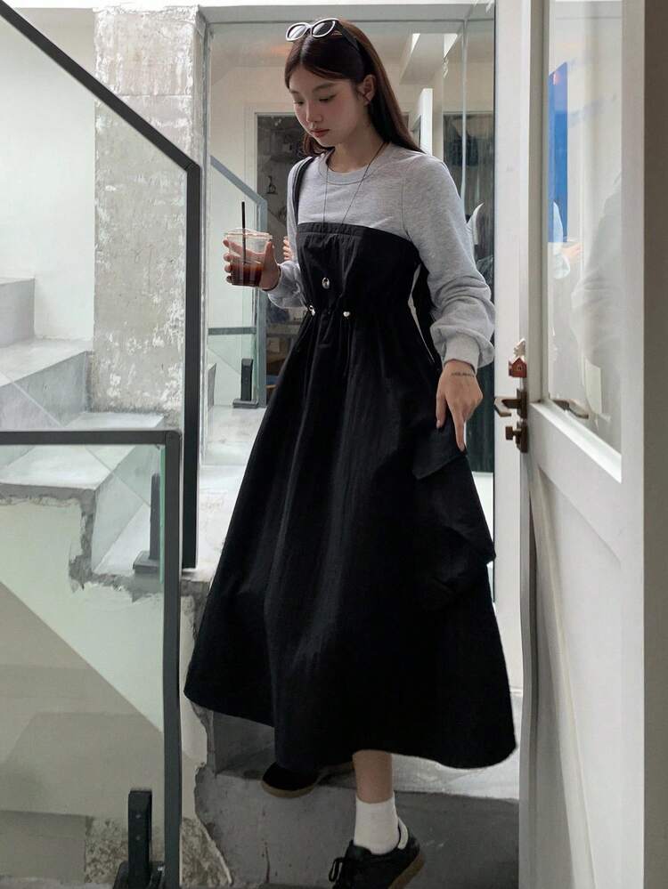 Women's Round Neck Long Sleeve 2 In 1 Waist Cinched Long Casual Street Dress