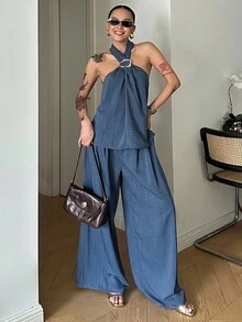 Dazy Tall Bộ đồ đi nghỉ mát mùa xuân hè dành cho nữ cao ráo, gồm áo không tay cổ yếm và quần dài, gồm 2 món. - Màu xanh lam - Xem 4