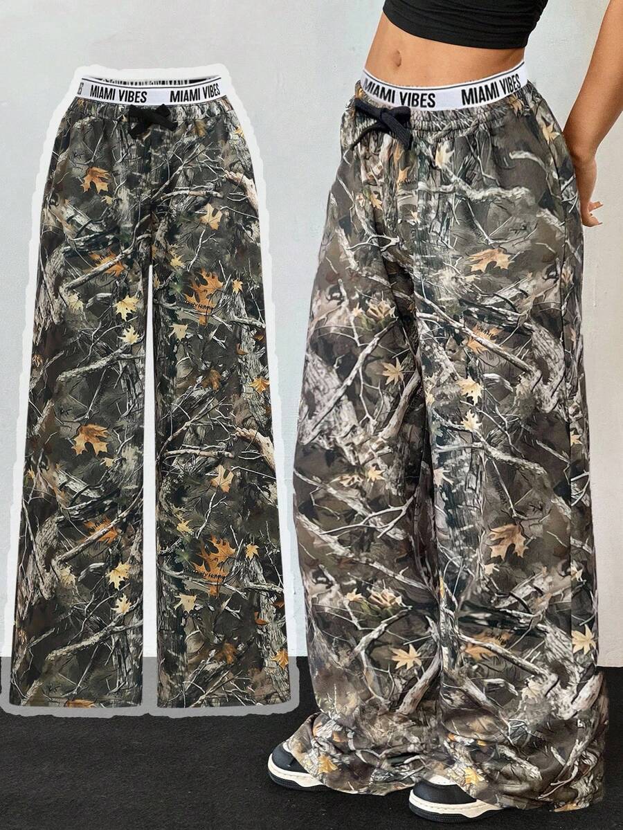 SHEIN Tween Girls Casual Camo Tree Branch Print Knit Mid-Rise Pants Fall Winter - Multicolor - View 1