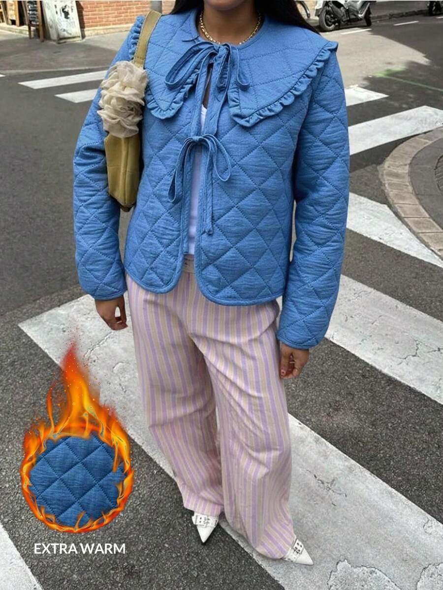 Siren Gaze 优雅别致的女士冬季夹克，女装秋季服装女装冬季服装女装，2025 新款牛仔蓝色彼得潘领系带长袖夹棉大衣，适合通勤、外出、派对、商务休闲、日常穿着，秋冬必备时尚单品，女士冬季夹克女士冬装 - 淺色水洗藍 - 查看 1