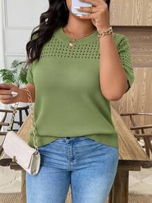 EMERY ROSE Plus Size Casual Hollow Out Round Neck Short Sleeve Tops - Green - View 5