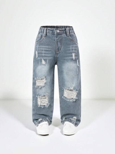 SHEIN Young Boys' Vintage Casual Ripped Distressed Loose Comfortable Light Blue Straight Fit Jeans Kids Ripped Jeansgirls Baggy Jeansripped Jeans For Kids