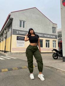 POPSWAY Women's Casual Solid Color Multi-Pocket Drawstring Cargo Pants, Summer Outfits Fall - Army Green - View 6