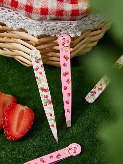 Strawberry Shortcake X SHEIN 2pcs Cartoon Character & Strawberry Design Eyebrow Tweezers Set