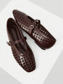 MOTF PREMIUM Nuevos zapatos de ballet con láser hueco para mujer, primavera y verano, con hebilla de metal transpirable y zapatos de Mary, zapatos de boca ligera, bailarinas de punta cuadrada marrón, elegancia versátil, de moda, sandalias de alta gama ligeras y cómodas - Café integral - Ver 9