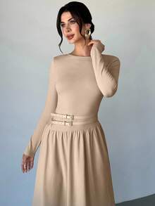 Firerie Women's Elegant Sophisticated Daily Commute New Fashion Round Neck Draped Belt Buckle Decor Long Sleeve A-Line Umbrella Dress, Khaki - Khaki - View 2