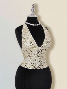 SHEIN ICON Sexy Backless Criss-Cross Tie Sequin Deep V-Neck Camisole For Women