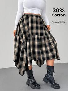 SHEIN EZwear Chân váy midi kẻ caro cổ điển cỡ lớn, viền xếp nếp bất đối xứng, mùa thu/đông - Đen và trắng - Xem 1