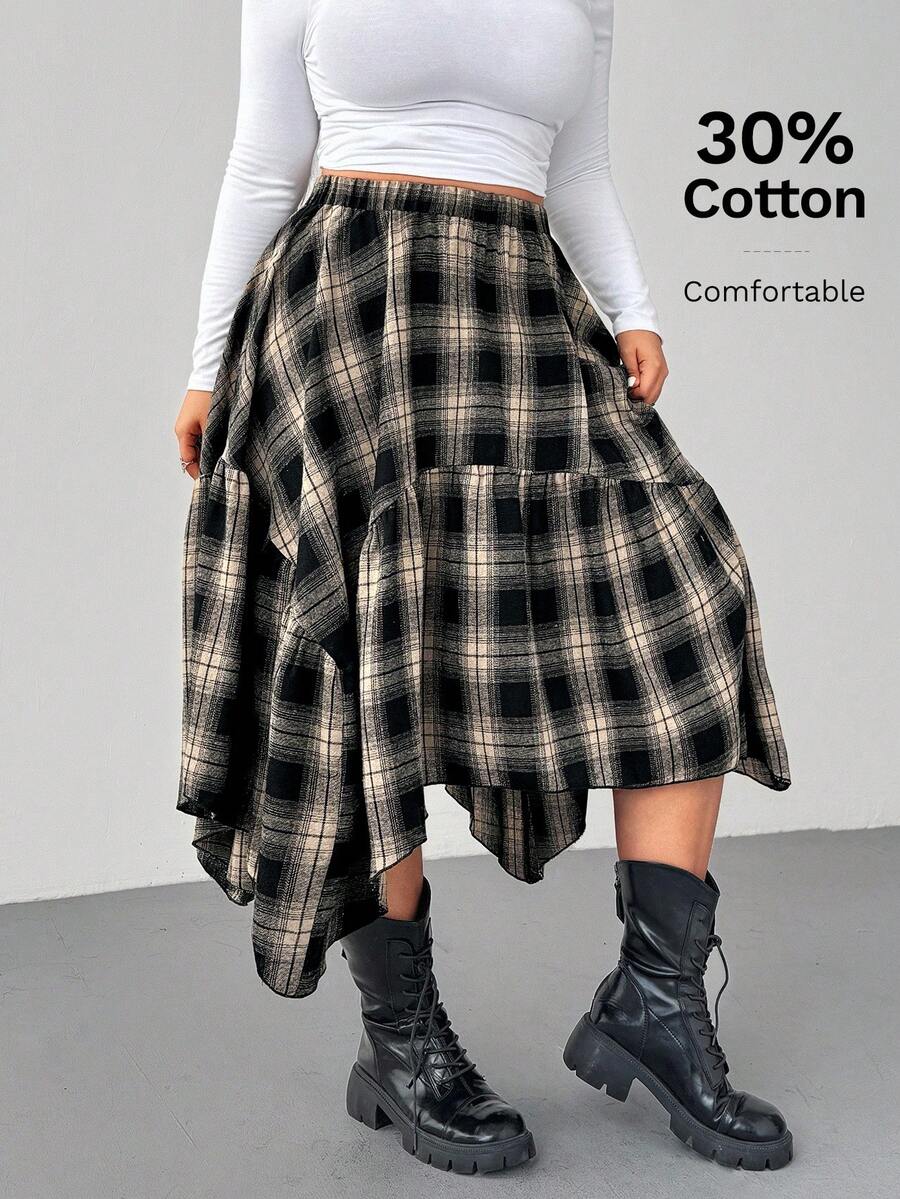 SHEIN EZwear Chân váy midi kẻ caro cổ điển cỡ lớn, viền xếp nếp bất đối xứng, mùa thu/đông - Đen và trắng - Xem 1