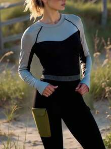 Innovista Leggings de sport doux et confortables pour l'extérieur, avec coutures contrastées, blocs de couleurs, taille haute, pour le yoga, l'entraînement HIIT, le bureau et la salle de sport. Pantalons stretch, respirants, avec poches, coupe flatteuse, protection UV, résistants à la transpiration. Collection automne-hiver pour un look sportif chic et fonctionnel. - Noir - Voir 5
