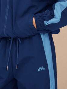 MUSERA Drawstring Waist Nylon Contrast Panel Wide Leg Tracksuit Bottom Only  Airport, Casual   Fall Spring - Navy Blue - View 5