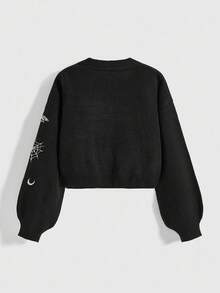 ROMWE Hippie Women's Retro Palace Heart Eye Sun Moon Star Moth Embroidered V-Neck Knitted Cardigan - Black - View 2